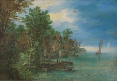 Utsikt över en by längs en flod Utsikt över en by vid en flod av Jan Brueghel (I)