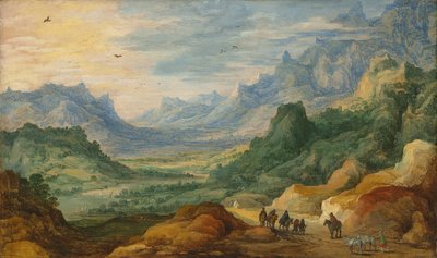 Ett bergigt landskap med resenärer och herdar på en stig av Jan Brueghel the Elder