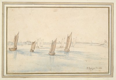 Båtar som seglar på en flod, ett hus på landet i fjärran av Jan Brueghel the Elder