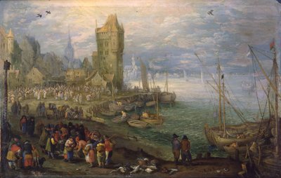 Holländska: Fiskmarknad nära en hamn Fiskmarknad nära en hamn av Jan Brueghel the Elder