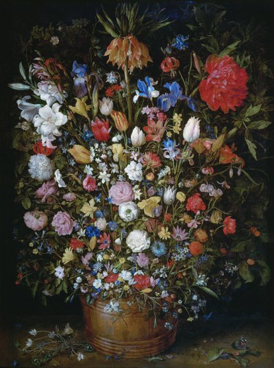 Blommor i ett träkärl av Jan Brueghel the Elder