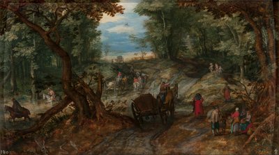 Skog med vagnar som korsar ett vattendrag och ryttare av Jan Brueghel the Elder
