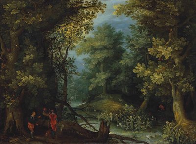 Jägare med hundar vid en bäck i ett skogslandskap av Jan Brueghel the Elder