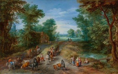 Skogbevuxen landskap med resenärer, 1610. av Jan Brueghel the Elder
