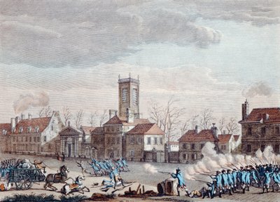 Strid framför Eglise de la Chapelle, Paris. mellan väktarna av barriärerna för Fermiers Generaux och revolutionärerna den 24 januari 1791, ca 1795 av Jan Bulthuis