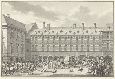 Störningar när deputerade i Dordrecht kör genom Stadhouderspoort på Binnenhof, 1786 av Jan Bulthuis