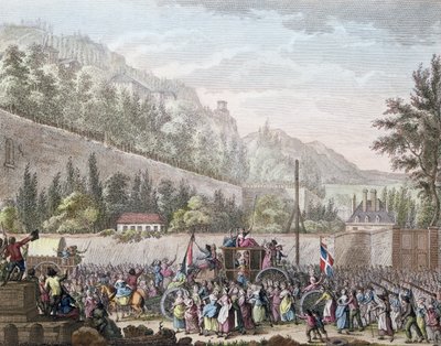 Kvinnorna på Les Halles i Auteuil när de förde den franska kungafamiljen till Paris från Versailles den 6 oktober 1789, 1796. av Jan Bulthuis