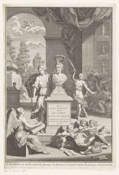 Byst av Hugo de Groot hyllad av Victoria Huig de Groots liv och verksamhet (titel på objektet) Titelsida för: Caspar Brandt och Adriaan van Cattenburg, History of the life of Mr Huig de Groot, 1727 av Jan Caspar Philips