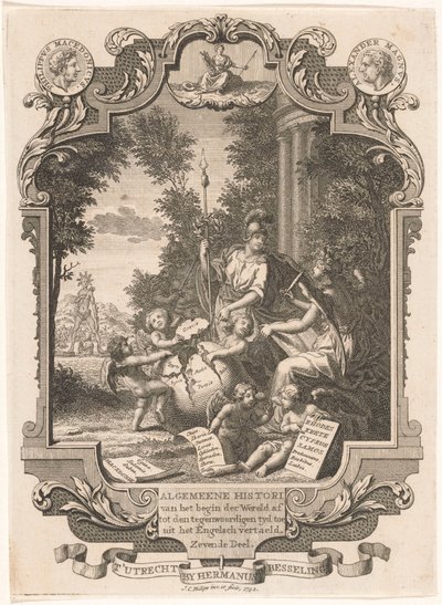 Kartusch med allegori över Greklands historia Titelsida för: Kornelis Westerbaen, Algemeene histori, 1742 av Jan Caspar Philips