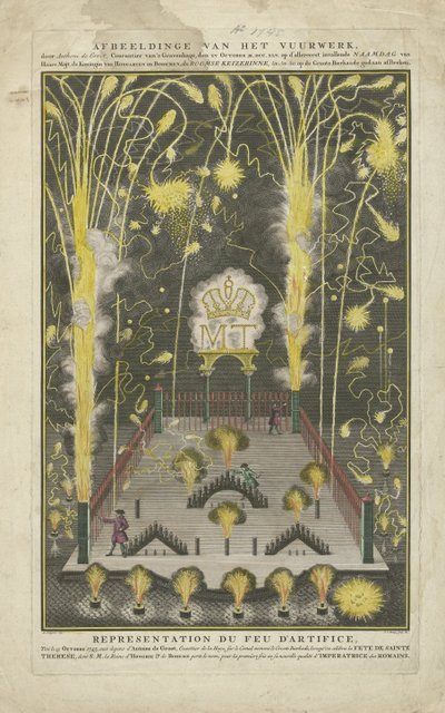 Fyrverkerier avfyrades den 15 oktober 1745, Maria Theresias namnsdag, på uppdrag av Anthoni de Groot Illustrationer av fyrverkerierna, av Anthoni de Groot, Courantier i Haag, den XV oktober MDCCXLV på Haares allra första namnsdag av Jan Caspar Philips