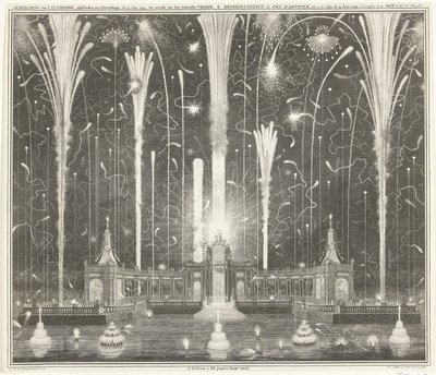 Fyrverkerier i Haag för freden i Aachen, 1749 Skildring av fyrverkeriet, avfyrat i Haag, 13 juni 1749, använd av den Aakensche Vreede / Representation du feu d