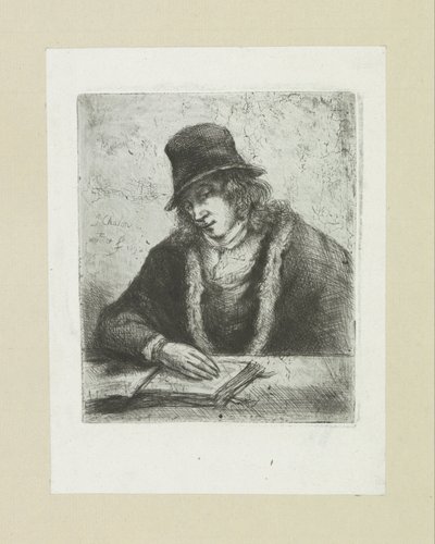 Lezende man sätter hackad The Compleat Work of Etchings av John Chalon / Oeuvre Complette des Eaux Fortes av Jean Chalon (serietitel) av Jan Chalon