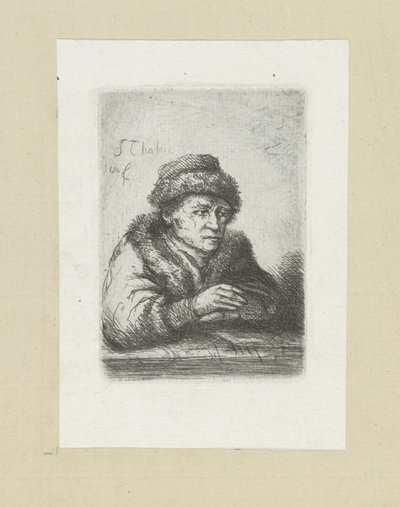 Volwassen man aan een tafel, i bontmantel The Compleat Work of Etchings av John Chalon / Oeuvre Complette des Eaux Fortes av Jean Chalon (serietitel) av Jan Chalon