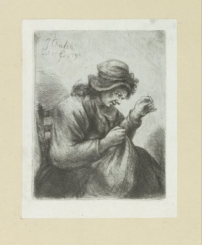 Vrouw sätter naald i draad The Compleat Work of Etchings av John Chalon / Oeuvre Complette des Eaux Fortes av Jean Chalon (serietitel) av Jan Chalon