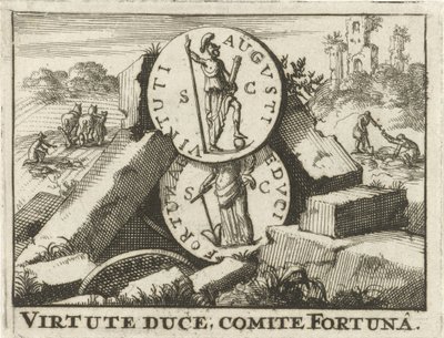 Romerska mynt lutad mot en hög med stenar Virtute Duce, kommitté Fortuna (titel på objekt) av Jan Claesz ten Hoorn