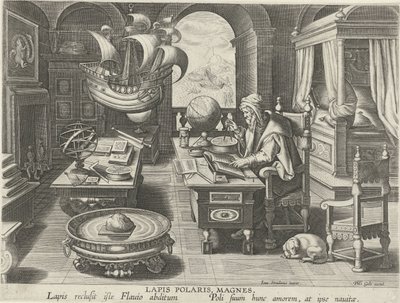 Kompassens uppfinning Lapis Polaris, Magnes (titel på objekt) Nya uppfinningar och upptäckter (serietitel) Nova Reperta (serietitel) av Jan Collaert (II) (attributed to)