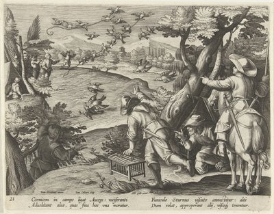 Jacht op kraaien en spreeuwen Jachttaferelen (serietitel) Jakten på vilt, fågel och fisk i Bestiary (serietitel) av Jan Collaert (II)