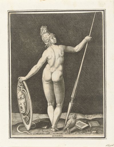 Minerva (titel på objekt) Judgment of Paris (serietitel) av Jan Collaert (II)