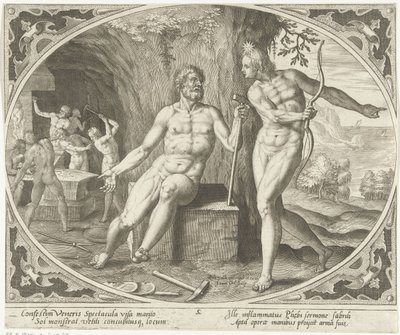 Phoebus informerar Vulcan om äktenskapsbrottet Venus och Mars (serietitel) av Jan Collaert (II)