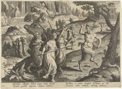 Vrouwen verjagen een sater Jachttaferelen (serietitel) Jakten på vilt, fågel och fisk i Bestiary (serietitel) av Jan Collaert (II)
