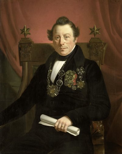 Porträtt av Coenraad van Hulst, skådespelare, som president för det konstfrämjande företaget VW i Amsterdam (så uppkallad efter grundarna Casper Vreedenberg och Jan van Well) av Jan Cornelis van Rossum