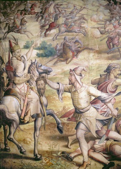 Kejsar Karl Vs kampanj 1500-58 mot turkarna i Tunis 1535: tillfångatagandet av Goletta, detalj av en fotsoldat som håller ett kroppslöst huvud, tecknad film för en gobeläng kol och wc på papper av Jan Cornelisz Vermeyen