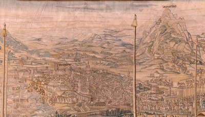 flamländsk gobeläng. Serien Erövringen av Tunis; Genomgång av trupperna i Barcelona (La revista de las tropas en Barcelona). Andra gobeläng i serien. Modellen Jan Vermeyen och Pieter Coecke van Aelst. 1543-1548. Tillverkning Real Fábrica de Tapices de Sant av Jan Cornelisz Vermeyen