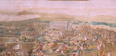 flamländsk gobeläng. Serien Erövringen av Tunis. Attacken på La Goleta (Ataque a la Goleta). Fjärde gobelängen i serien. Modellen Jan Vermeyen och Pieter Coecke van Aelst. 1543-1548. Tillverkning Real Fábrica de Tapices de Santa Bárbara, Madrid av Jan Cornelisz Vermeyen