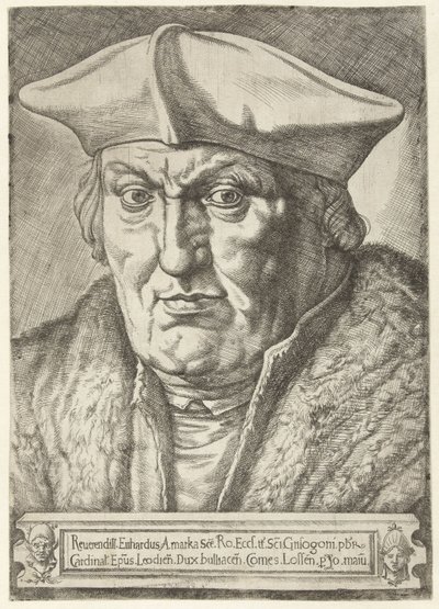 Porträtt av Erard de la Marck, prins-biskop av Liège Reurendill Euhardus Amarka ... bulliacen Comes Lossen (titel på objekt) av Jan Cornelisz Vermeyen