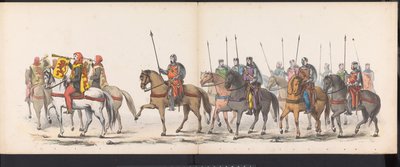 Masquerade of the Leiden Students, 1865 (skylt 1) Klädd procession som hölls av medlemmarna i Leidens studentkår den 6 juni 1865, för att fira 290-årsjubileet av Leidsche Hoogeschool, som visar: holländarnas inträde i av Jan Daniël Cornelis Carel Willem baron de Constant Rebecque