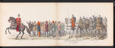 Leidenstudenternas maskerad, 1865 (skylt 15) Klädd procession som hölls av medlemmarna i Leidens studentkår den 6 juni 1865, för att fira 290-årsjubileet av Leidsche Hoogeschool, föreställande: holländarnas inträde b. av Jan Daniël Cornelis Carel Willem baron de Constant Rebecque