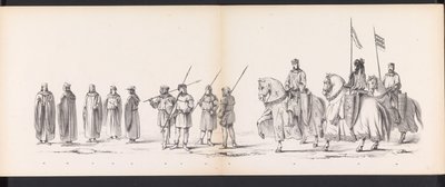 Masquerade of the Leiden Students, 1865 (skylt 3) Klädd procession som hölls av medlemmarna i Leidens studentkår den 6 juni 1865, för att fira 290-årsjubileet av Leidsche Hoogeschool, som visar: holländarnas inträde i av Jan Daniël Cornelis Carel Willem baron de Constant Rebecque