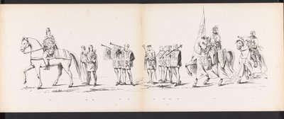Masquerade of the Leiden Students, 1865 (skylt 6) Klädd procession som hölls av medlemmarna i Leidens studentkår den 6 juni 1865, för att fira 290-årsjubileet av Leidsche Hoogeschool, som visar: holländarnas inträde i av Jan Daniël Cornelis Carel Willem baron de Constant Rebecque