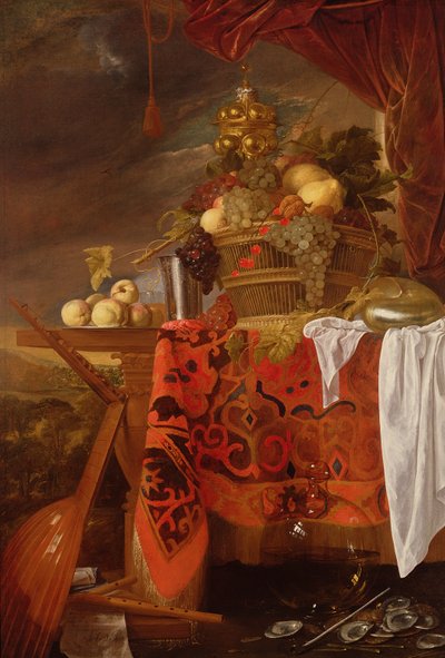 En korg med blandad frukt med förgylld kopp, silverkalk, Nautilus, glas och persikor på en tallrik av Jan Davidsz de Heem