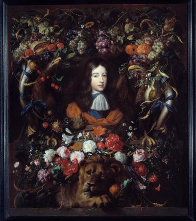 Porträtt av Vilhelm III av Orange (1650-1702) i en medaljong av blommor Målning av Jan David Heem (1606-1684) 1665 Sön. 1,34x1,14 m Lyon, Musee des Beaux Arts av Jan Davidsz de Heem