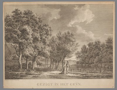 Landskap med ett par som går längs Geins strand Gezigt in het Geÿn (titel på objekt) av Jan Evert Grave