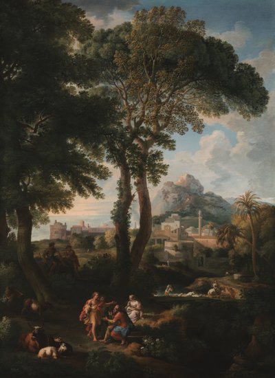 Ett klassiskt flodlandskap med figurer som hälsar varandra på en väg i förgrunden, utsikt över en stad i fjärran (olja på duk) av Jan Frans van Bloemen