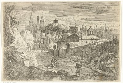 Italienskt landskap med resenärer vid stadsmuren av Jan Frans van Bloemen