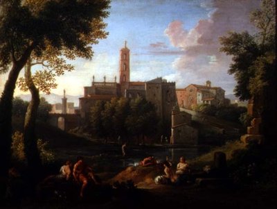 Landskap med figurer nära en stad (par 81825) av Jan Frans van Bloemen
