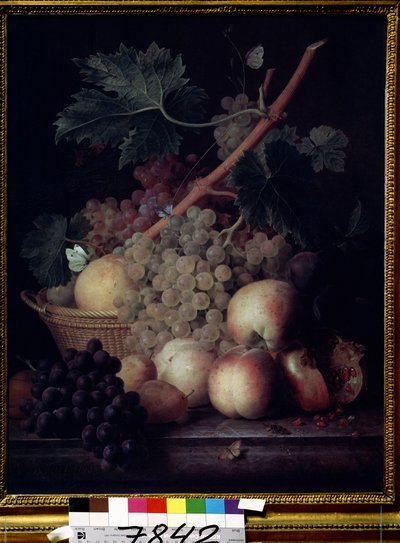 ""Frukt"" Stilleben av persikor, vindruvor, päron och granatäpplen med fjärilar och en geting. Målning av Jean Francois van Dael (1764-1840) 1808 Pushkin Museum, Moskva av Jan Frans van Dael