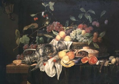 Stilleben med tennflagg, färspaj och frukt av Jan Frans van Son