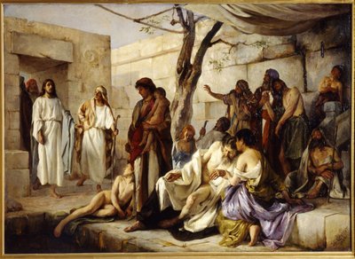Miraklet vid poolen i Bethesda. Belägen på vägen från Beth Zeta (Israel) till Jerusalem, närmar sig Jesus Kristus bassängen där de förlamade samlas och botar mirakulöst en sjuk person. Målning av Jan av Jan Franzevich Cloginsky