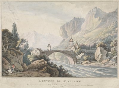 Utsikt över bron vid Saint Maurice i Schweiz L
