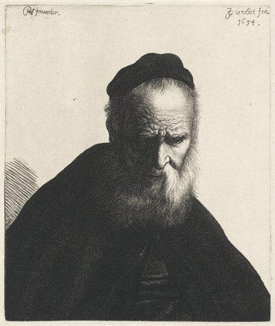 Byst av en gammal man med skägg och hatt Tronies efter Rembrandt (serietitel) av Jan Gillisz. van Vliet