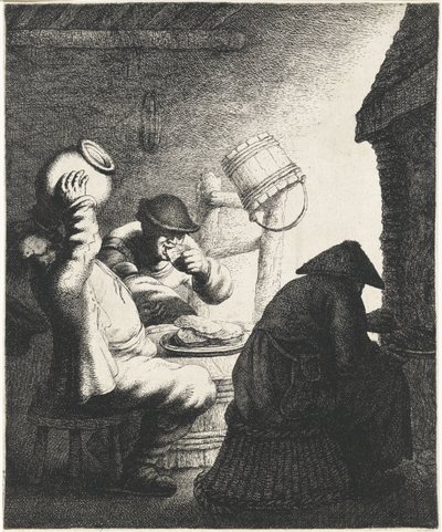 Figurer äter pannkakor i en interiör Smak The Five Senses (serietitel) av Jan Gillisz. van Vliet