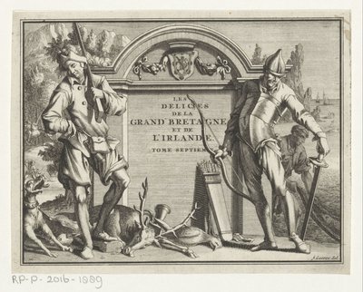 Twee jagers för arkitektonisk miljö Titelsida för: James Beeverell, The delights of Great Britain and Ireland, Volym sju, 1707 av Jan Goeree (possibly)
