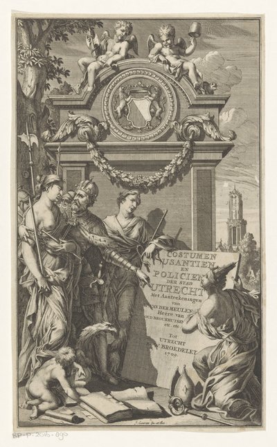 Rättvisa lär ut lagarna i Utrecht Costumen Usantien och polis i staden Utrecht (titel på objekt) Titelsida för Willem Van der Meulen, Costumen, usantien, policien ende style van literen, der Stadt Utrecht, 1709 av Jan Goeree