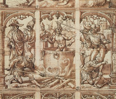 Sankt Johannes evangelistens martyrskap (tvätt på papper) av Jan Gossaert
