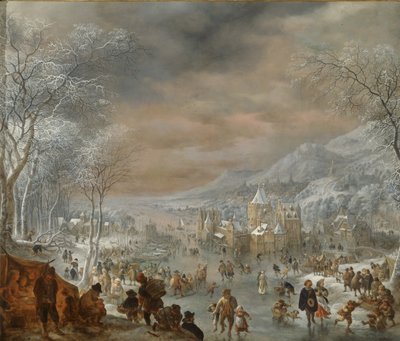 Vinterlandskap med skridskoåkare, kyrka och by längs stranden av en flod av Jan Griffier