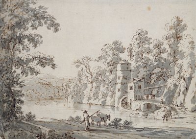 The Watermill by the Ford (penna och brunt bläck och grått tvätt på papper) av Jan Hackaert